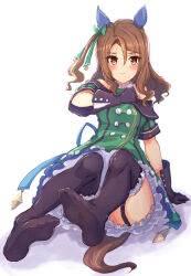 Rule 34 | 1girl, absurdres, animal ears, bare shoulders, black gloves, black thighhighs, blush, bow, breasts, brown eyes, brown hair, buttons, closed mouth, commentary request, double-breasted, dress, ear bow, ear covers, feet, frilled dress, frills, garter straps, gloves, green bow, green dress, highres, horse ears, horse girl, king halo (umamusume), looking at viewer, medium breasts, medium hair, no shoes, off-shoulder dress, off shoulder, on ground, simple background, solo, taikihori, thighhighs, umamusume, white background