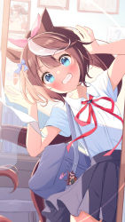 Rule 34 | 1girl, absurdres, animal ears, bag, black skirt, blue bow, blue eyes, blush, bow, brown hair, character doll, collared shirt, commentary, cowboy shot, drawing (object), floating hair, grin, hair between eyes, hair bow, hands up, highres, horse ears, horse girl, horse tail, indoors, leaning to the side, long hair, looking at viewer, mirror, multicolored hair, neck ribbon, picture frame, pink bow, pleated skirt, ponytail, red ribbon, ribbon, saboten mushi, school bag, school uniform, shirt, short sleeves, shoulder bag, skirt, smile, solo, standing, streaked hair, symboli rudolf (umamusume), tail, tokai teio (umamusume), umamusume, very long hair, white hair, white shirt