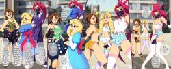 Rule 34 | 3girls, absurdres, angry, aqua panties, armpits, ass, bikini, black mask, blonde hair, blue eyes, blush, bodysuit, boots, bow, bow panties, bra, breasts, brown eyes, brown hair, camisole, camisole tucked in, camouflage, camouflage bikini, capcom, chain, cleavage, clenched hands, unworn clothes, collarbone, comic, covering privates, covering crotch, delinquent, dress, drill hair, drill sidelocks, embarrassed, energy, english text, euf-dreamer, eyelashes, female focus, full body, gloves, hand up, hands up, height difference, high ponytail, highres, himezaki aoi, huge filesize, humiliation, humor, justice gakuen, kazama akira, kirishima yurika, latex, legs, long hair, looking at viewer, mask, matching underwear, medium breasts, midriff, mismatched underwear, moero! justice gakuen, multiple girls, navel, neck, outdoors, panties, parted bangs, ponytail, print camisole, print panties, red hair, ribbon panties, shiny clothes, shiny skin, shiritsu justice gakuen, short hair, shorts, side bangs, sidelocks, socks, speech bubble, spiked hair, standing, street fighter, swimsuit, thighhighs, thighs, underwear, underwear only, unicorn print, very long hair, wardrobe malfunction, white bra, white camisole, white panties, wide ponytail, yellow bra, yellow panties