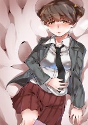 Rule 34 | 10s, 1girl, alisa (girls und panzer), bed sheet, black necktie, blazer, blush, breath, brown eyes, brown hair, commentary, dress shirt, freckles, girls und panzer, grey jacket, hair ornament, half-closed eyes, hand on own stomach, highres, iw (iw26586381), jacket, lips, long sleeves, looking at viewer, loose necktie, lying, miniskirt, necktie, on back, on bed, open clothes, open jacket, parted lips, pleated skirt, red skirt, saunders school uniform, school uniform, shirt, short hair, short twintails, skirt, solo, star (symbol), star hair ornament, twintails, white shirt, wing collar
