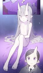 Rule 34 | 1boy, 1girl, absurdres, barefoot, bed, black hair, check copyright, commentary request, completely nude, copyright request, doremi (doremi4704), flat chest, grey hair, hair over breasts, highres, horns, korean commentary, long hair, necktie, nude, on bed, original, pale skin, parted lips, pink eyes, pointy ears, purple eyes, single horn, sitting, slit pupils, stuffed animal, stuffed cat, stuffed rabbit, stuffed toy, sweatdrop, toes, unfinished, very long hair, wide-eyed