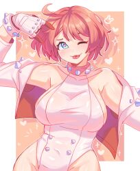 Rule 34 | 1girl, :p, absurdres, adapted costume, ahoge, aqua eyes, bare shoulders, bodysuit, bracelet, breasts, collar, elphelt valentine, gloves, guilty gear, guilty gear strive, heart, heart-shaped pupils, highres, huge ahoge, jacket, jewelry, large breasts, long sleeves, looking at viewer, official alternate color, official alternate hair color, one eye closed, pink hair, short hair, smile, spiked bracelet, spiked collar, spiked jacket, spikes, supacreamss, symbol-shaped pupils, tehepero, tongue, tongue out, upper body, white bodysuit, white gloves, white jacket