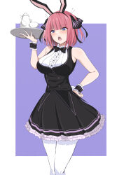 Rule 34 | 1girl, absurdres, animal ears, armpits, bare shoulders, black bow, black bowtie, black dress, black wrist cuffs, blue eyes, border, bow, bowtie, breasts, butterfly hair ornament, collared dress, cup, dress, fake animal ears, frilled dress, frills, go-toubun no hanayome, hair ornament, hand on own hip, hand up, highres, holding, holding tray, konro yoyogei, large breasts, looking at viewer, nakano nino, open mouth, outside border, pantyhose, pink hair, purple background, rabbit ears, simple background, solo, strapless, strapless dress, teacup, teapot, teeth, traditional bowtie, tray, upper teeth only, white border, white pantyhose, wrist cuffs
