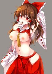 Rule 34 | 1girl, arm up, armpits, ascot, bad id, bad pixiv id, blush, bow, breasts, breasts out, brown hair, clothes lift, collarbone, cowboy shot, cum, cum on body, cum on breasts, cum on upper body, detached sleeves, groin, hair bow, hakama, hakama skirt, hakurei reimu, heavy breathing, highres, hip vent, japanese clothes, licking, licking finger, long hair, long sleeves, looking at viewer, medium breasts, miko, navel, nipples, nontraditional miko, nose blush, open mouth, red bow, red eyes, red hakama, ribbon-trimmed sleeves, ribbon trim, saliva, sameya, shirt, shirt lift, sidelocks, skirt, smell, solo, stomach, tears, tongue, tongue out, touhou, wide sleeves