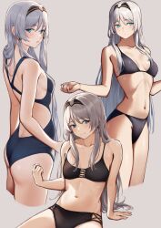Rule 34 | 1girl, 3 small spiders, absurdres, an-94 (girls&#039; frontline), arm support, ass, bikini, black bikini, blue eyes, blue one-piece swimsuit, blush, breasts, cleavage, closed mouth, commentary request, competition swimsuit, girls&#039; frontline, grey background, grey hair, groin, hairband, highres, light smile, long hair, looking at viewer, multiple views, navel, one-piece swimsuit, simple background, small breasts, swimsuit, thighs, very long hair