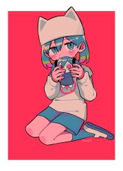 Rule 34 | 1girl, aimaina, amagami de onegai (vocaloid), animal ear headwear, animal ears, beanie, biting, blue hair, blue shorts, blue socks, blush stickers, border, colored inner hair, colored tips, commentary, doll, fake animal ears, fang, full body, green hair, halftone, hat, highres, holding, holding doll, kneeling, long sleeves, looking at viewer, menma (enaic31), multicolored hair, orange hair, outside border, pink hair, print shirt, red background, shirt, shoes, shorts, simple background, socks, solo, tearing up, twitter username, uwabaki, vocaloid, white border, white hat, white shirt