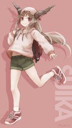 Rule 34 | 1girl, backpack, backwards hat, bag, baseball cap, character name, closed mouth, commentary, contemporary, drop shadow, full body, green shorts, hair ornament, hair tie, hairclip, hand up, hat, highres, hood, hoodie, horns, ibuki suika, kagikake, leg lift, light brown hair, long hair, long sleeves, looking at viewer, low-tied long hair, navel, pink background, pink footwear, pink hat, pink hoodie, pointy ears, red bag, red eyes, shoes, short shorts, shorts, simple background, slit pupils, smile, sneakers, socks, solo, standing, standing on one leg, symbol-only commentary, touhou, twitter username, white socks