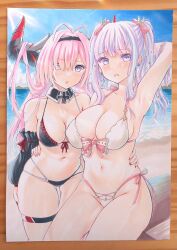 Rule 34 | 2girls, antenna hair, arm behind head, armpits, azur lane, bare shoulders, beach, bikini, black bikini, blue sky, bow, bow bikini, breasts, cloud, commentary, cross, detached collar, frilled sleeves, frills, hair over one eye, hairband, highres, iron cross, large breasts, large horns, long hair, looking at viewer, marker (medium), medium breasts, multiple girls, navel, ocean, official alternate costume, open mouth, outdoors, photo (medium), pink hair, plymouth (azur lane), plymouth (heart-throbbing refreshment) (azur lane), prinz rupprecht (azur lane), purple eyes, purple hair, purplepencil, red nails, side-tie bikini bottom, sky, swimsuit, thigh strap, traditional media, two side up, water, white bikini