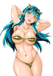Rule 34 | 1girl, absurdres, alternate breast size, animal print, aqua hair, arms behind head, bikini, breasts, cleavage, commentary request, cone horns, cowboy shot, highleg, highleg bikini, highleg swimsuit, highres, horns, large breasts, lum, manabe jouji, open mouth, pointy ears, print bikini, simple background, solo, standing, strapless, strapless bikini, swimsuit, teeth, tiger print, upper teeth only, urusei yatsura, white background, yellow bikini, yellow eyes