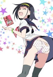 Rule 34 | 1girl, ass, bandaid, black hair, book, bow, bowtie, bracelet, butt crack, commentary request, copyright request, food print, headband, highres, jewelry, looking at viewer, looking back, one eye closed, open mouth, panties, print panties, school uniform, simple background, skirt, solo, star (symbol), strawberry panties, strawberry print, teeth, thighhighs, underwear, upper teeth only, watanabe akio, wind, wind lift