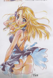 Rule 34 | 00s, 1girl, :o, adjusting hair, ass, back, backless dress, backless outfit, bare back, blonde hair, blue dress, blue eyes, blush, dress, from behind, hair bobbles, hair ornament, long hair, looking back, nishida asako, open mouth, panties, pantyshot, scan, short dress, simoun, solo, standing, surprised, thighhighs, turtleneck, underwear, white panties, white thighhighs, wind, wind lift, yun (simoun)
