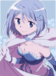 Rule 34 | 1girl, arm at side, bare shoulders, blue background, blue eyes, blue hair, blue shirt, blue skirt, breasts, bubble, bubble background, cape, cleavage, detached sleeves, fortissimo, frilled shirt, frills, fumiko (mesushi), gloves, hair between eyes, hair ornament, hairclip, looking away, mahou shoujo madoka magica, mahou shoujo madoka magica (anime), medium breasts, miki sayaka, musical note, musical note hair ornament, shirt, short hair, simple background, skirt, smile, solo, strapless, upper body, white cape, white gloves
