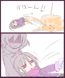 Rule 34 | 100 percent orange juice, 2girls, 2koma, :3, black skirt, closed mouth, comic, commentary request, explosion, faceless, faceless female, fur-trimmed sleeves, fur trim, grey hair, hair between eyes, hime (orange juice), hono, jacket, long sleeves, lowres, mittens, multiple girls, notice lines, parted lips, purple jacket, red eyes, silent comic, skirt, suguri, suguri (orange juice), translation request, white background, white mittens