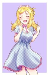 Rule 34 | 1girl, :d, ^ ^, alternate hairstyle, blonde hair, blue dress, blush, bow, center frills, clenched hands, closed eyes, collared dress, cowboy shot, dress, closed eyes, facing viewer, frilled dress, frills, hair bow, hair rings, hands up, love live!, love live! school idol festival, love live! sunshine!!, matsumoto (starbright mary), medium hair, ohara mari, open mouth, pink bow, polka dot, polka dot bow, polka dot dress, purple background, short sleeves, sidelocks, simple background, smile, solo, twintails