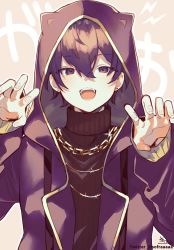 Rule 34 | 1boy, :d, animal ears, animal hood, text background, black hair, black sweater, brown background, chain, claw pose, commentary request, earrings, fake animal ears, gold chain, hair between eyes, hands up, highres, hood, hood up, hooded jacket, indie virtual youtuber, jacket, jewelry, lightning bolt symbol, long sleeves, looking at viewer, male focus, open mouth, purple eyes, purple jacket, ribbed sweater, shoto (vtuber), signature, smile, sofra, solo, stud earrings, sweater, turtleneck, turtleneck sweater, twitter username, upper body, virtual youtuber