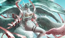 Rule 34 | 1girl, absurdres, angel, angel wings, angewomon, artist name, asymmetrical clothes, blonde hair, commentary, covered eyes, digimon, digimon (creature), english commentary, fantasy, feathered wings, hagoromo, helmet, highres, long hair, multiple wings, navel, nixeu, seraph, shawl, solo, thigh strap, winged helmet, wings