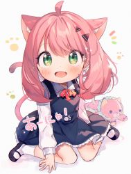 Rule 34 | 1girl, ahoge, ana (rznuscrf), animal ears, anya (spy x family), black footwear, blue dress, blush, bow, cat ears, cat tail, child, collared shirt, commentary request, dress, fang, green eyes, long sleeves, looking up, medium hair, open mouth, paw print, pink hair, red bow, shirt, simple background, sitting, skirt, socks, solo, spy x family, stuffed animal, stuffed toy, suspender skirt, suspenders, tail, translation request, wariza, white background, white shirt, white socks