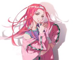 Rule 34 | 1other, artist name, brown eyes, character name, faulkner anne, hairband, highres, jacket, jewelry, long hair, long sleeves, looking at viewer, nail polish, necklace, nyamnyam0502, paradox live, red hair, smile, solo, tank top, white background