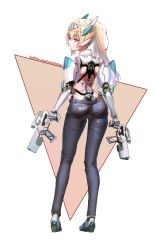 Rule 34 | 1girl, absurdres, alternate hairstyle, android, blonde hair, blue eyes, blush, denim, di allez series, doll joints, dual wielding, grin, gun, hairband, headgear, high ponytail, highres, holding, jeans, joints, long hair, pants, patatatan, phantasy star, phantasy star online 2, phantasy star online 2 new genesis, smile, solo, transparent background, trigger discipline, very long hair, weapon