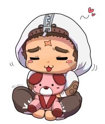 Rule 34 | 1boy, blush, chibi, cross scar, facial hair, full body, heart, holding, holding stuffed toy, hood, hood up, houzouin oniwaka, kemonosuke (kmskths), long sideburns, male focus, scar, scar on face, scar on forehead, sideburns, solo, stubble, stuffed toy, thick eyebrows, tokyo houkago summoners
