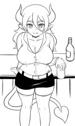 Rule 34 | 1girl, belt, bottle, breasts, cleavage, collarbone, commentary, demon girl, demon tail, english commentary, greyscale, hair between eyes, highres, horns, large breasts, long hair, looking at viewer, monochrome, nav (itsnav), office lady, original, parted lips, pointy ears, smile, solo, tail, thighhighs, zettai ryouiki