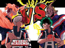 Rule 34 | 10s, 4boys, age difference, all might, angry, artist name, belt, blonde hair, bodysuit, boku no hero academia, clenched teeth, copyright name, determined, endeavor (boku no hero academia), english text, eye contact, facial hair, facing another, father and son, fire, freckles, glaring, green eyes, green hair, grin, happy, height difference, holding another&#039;s wrist, horikoshi kouhei, looking at another, male focus, matching hair/eyes, messy hair, midoriya izuku, multicolored hair, multiple boys, official art, red hair, scar, scar on face, shaded face, short hair, size difference, smile, spiked hair, standing, superhero costume, teacher and student, teeth, thick eyebrows, todoroki shouto, two-tone hair, white hair, yagi toshinori