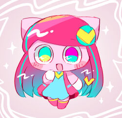 Rule 34 | 1girl, alternate hair length, alternate hairstyle, aqua dress, aqua eyes, aqua hair, chibi, chibi only, colored skin, dress, gloves, gradient hair, hairpods, heterochromia, long sleeves, multicolored clothes, multicolored dress, multicolored hair, no eyebrows, no pupils, open mouth, pepoyo, pink eyes, pink hair, pink skin, pink thighhighs, poyopep, poyoroid, poyoroid (mania), single eyebrow, sleeveless, smile, solo, streaked hair, swept bangs, tail, thighhighs, utau, white gloves, yellow dress, yellow tail, yellow trim