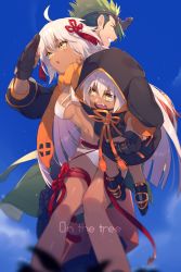 Rule 34 | 1boy, 2girls, achilles (fate), ahoge, animal hood, back-to-back, bikini, black gloves, black jacket, blue sky, blush, breasts, commentary request, cropped jacket, dark-skinned female, dark skin, day, echo (circa), english text, fang, fate/grand order, fate (series), fearless diver (fate), gloves, goggles, goggles on head, green hair, hair between eyes, hair ornament, hand on own face, holding, holding person, hood, hood up, hoodie, jacket, long hair, medium breasts, multiple girls, navel, okita souji (fate), okita souji alter (swimsuit saber) (fate), okita souji alter (swimsuit saber) (first ascension) (fate), open mouth, orange eyes, orange scarf, outdoors, parted lips, pointy hair, rengoku (fate), rengoku (first ascension) (fate), scarf, short hair, shrug (clothing), sidelocks, size difference, sky, smile, straight hair, sweatdrop, swimsuit, tassel, teeth, twitter username, very long hair, white bikini, yellow eyes