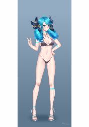 Rule 34 | 1girl, absurdres, ahoge, alternate costume, bikini, black bikini, black bow, bow, breasts, brown bow, bwcloud, cameltoe, collarbone, drill hair, earrings, full body, gradient background, green background, green eyes, green hair, gwen (league of legends), hair bow, hand on own hip, hand up, high-waist bikini, highres, index finger raised, jewelry, league of legends, long hair, medium breasts, navel, open mouth, signature, solo, standing, swimsuit, twin drills, twintails, two-tone bow, white background