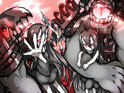 Rule 34 | 10s, 3girls, abyssal ship, aiming, aiming at viewer, angry, arms up, asymmetrical legwear, battleship princess, beize (garbage), black dress, black hair, circle garbage, clone, dress, gameplay mechanics, glowing, glowing eyes, highres, horns, isokaze (kancolle), kantai collection, long hair, long sleeves, looking at viewer, machinery, monster, multiple girls, neckerchief, open mouth, outstretched hand, pale skin, pleated skirt, red eyes, red sky, sailor collar, school uniform, serafuku, short dress, skin-covered horns, skirt, sky, smile, turret, uneven legwear, very long hair, yellow neckerchief