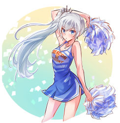 Rule 34 | 1girl, :o, arm at side, arm up, bare shoulders, blue dress, blue eyes, blush, breasts, cheerleader, cleavage, clothes writing, confetti, contrapposto, cropped legs, dress, gradient background, highres, holding, iesupa, jewelry, long hair, looking at viewer, necklace, parted lips, pendant, rwby, side ponytail, side slit, silver hair, small breasts, solo, standing, thighs, tsiruot, tsurime, very long hair, weiss schnee