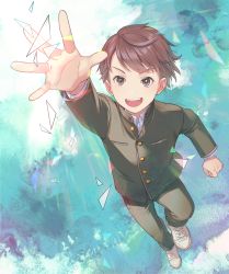 Rule 34 | 1boy, brown hair, buttons, cherico, collared shirt, foliage, grass, green jacket, green pants, grey eyes, jacket, light, long sleeves, male focus, open mouth, original, outdoors, outstretched arm, pants, reaching, reaching towards viewer, school uniform, shirt, shoes, short hair, smile, white footwear, white shirt