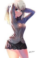 Rule 34 | 1girl, arms up, backlighting, black skirt, blouse, blue eyes, buchikaki, closed mouth, commentary, cowboy shot, girls und panzer, grey shirt, hands in hair, itsumi erika, light frown, long sleeves, looking at viewer, medium hair, miniskirt, pleated skirt, shirt, silver hair, simple background, skirt, solo, standing, twitter username, white background
