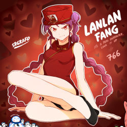 Rule 34 | 1girl, chinese clothes, english text, fate/type redline, fate (series), hat, high heels, purple hair, red eyes, srgrafo, thighs, twintails