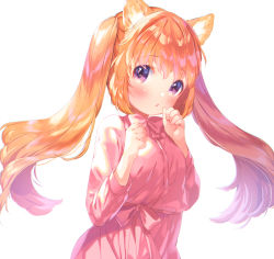 Rule 34 | 1girl, :o, animal ears, blush, bow, bowtie, commentary request, dress, highres, long hair, looking at viewer, mutou mato, orange hair, original, pink dress, purple eyes, simple background, solo, twintails, upper body, white background