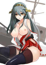 Rule 34 | 10s, 1girl, bad id, bad pixiv id, bare shoulders, battleship, black thighhighs, breasts, brown eyes, detached sleeves, green hair, hair ornament, hairband, hairclip, haruna (kancolle), highres, japanese clothes, kantai collection, large breasts, long hair, looking at viewer, military, military vehicle, nipples, personification, pupps, ship, silhouette, sitting, sketch, solo, thighhighs, warship, watercraft, wide sleeves