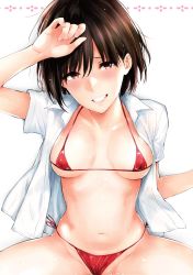 Rule 34 | 1girl, absurdres, bikini, blush, breasts, brown eyes, brown hair, collarbone, collared shirt, groin, hand up, head tilt, highres, looking at viewer, medium breasts, micro bikini, napata, navel, open clothes, open shirt, original, parted lips, red bikini, shiny skin, shirt, short hair, side-tie bikini bottom, sidelocks, sitting, smile, solo, spread legs, stomach, swimsuit, thighs, wet, wet clothes, white shirt