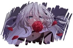 Rule 34 | 1girl, alpha transparency, braid, commentary, covered collarbone, falling petals, floating hair, flower, grey eyes, hair between eyes, kashikaze, long hair, looking at viewer, mole, mole under each eye, mole under eye, multiple moles, nijisanji, petals, portrait, revision, rose, solo, sophia valentine, sophia valentine (1st costume), transparent background, virtual youtuber, white hair