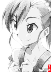 Rule 34 | 1girl, bare shoulders, clenched hands, futami mami, gofu, greyscale, idolmaster, idolmaster (classic), monochrome, sketch, smile, solo, traditional media