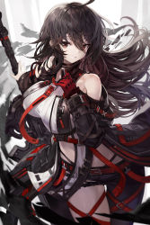 Rule 34 | 1girl, ahoge, asymmetrical pants, bare shoulders, black hair, black jacket, blue pants, breasts, brown eyes, buckle, character request, choker, clothing cutout, cowboy shot, gloves, goomrrat, grin, highres, holding, holding weapon, jacket, large breasts, long hair, messy hair, multiple straps, pants, red gloves, shirt, shoulder cutout, sidelocks, single glove, sleeveless, sleeveless shirt, smile, snap-fit buckle, solo, thighs, very long hair, weapon, white shirt