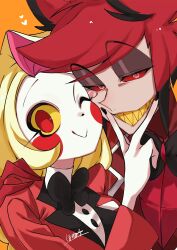Rule 34 | 1boy, 1girl, alastor (hazbin hotel), black hair, blonde hair, charlie morningstar, colored sclera, commentary request, formal, grin, hand on another&#039;s face, hand on another&#039;s shoulder, hazbin hotel, highres, honeko 06, long hair, multicolored hair, one eye closed, red eyes, red hair, red sclera, short hair, smile, suit, upper body, yellow sclera
