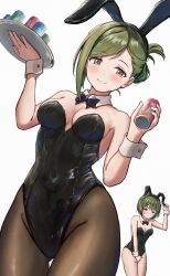 Rule 34 | 2girls, absurdres, alternate costume, black bow, black bowtie, black leotard, black pantyhose, blush, bow, bowtie, breasts, can, cleavage, covered navel, detached collar, folded ponytail, green eyes, green hair, groin, highres, holding, holding can, holding tray, idolmaster, idolmaster shiny colors, leotard, looking at viewer, masuku (saint mask), medium breasts, multiple girls, nanakusa hazuki, nanakusa nichika, pantyhose, playboy bunny, siblings, simple background, sisters, smile, solo focus, strapless, strapless leotard, swept bangs, tray, white background, wrist cuffs
