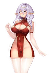Rule 34 | 1girl, barbariank, bare shoulders, blue eyes, blush, braid, breasts, cleavage cutout, clothing cutout, commentary, covered erect nipples, cowboy shot, dot mouth, dress, ear covers, elbow gloves, elf, gloves, grey hair, groin, hair between eyes, hair over shoulder, half-closed eyes, highres, large breasts, long hair, long pointy ears, looking at viewer, no panties, original, pelvic curtain, pointy ears, red dress, short dress, simple background, single braid, sleeveless, sleeveless dress, solo, symbol-only commentary, tareme, thighhighs, white background, white gloves, white thighhighs