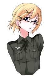 Rule 34 | 1girl, alternate hairstyle, black-framed eyewear, blonde hair, blue eyes, eyebrows, glasses, hair ornament, hairclip, highres, looking at viewer, military, military uniform, nasubi4499, semi-rimless eyewear, short hair, simple background, solo, strike witches, strike witches: suomus misfits squadron, under-rim eyewear, uniform, upper body, ursula hartmann, white background, world witches series