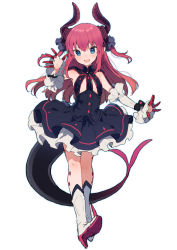Rule 34 | 10s, 1girl, asymmetrical horns, blue eyes, claws, curled horns, detached sleeves, dragon girl, dragon horns, dragon tail, dress, elizabeth bathory (fate), elizabeth bathory (fate/extra ccc), fate/extra, fate/extra ccc, fate (series), flat chest, full body, highres, horns, ikeuchi tanuma, long hair, looking at viewer, pink hair, plaid, plaid skirt, pointy ears, simple background, skirt, solo, tail, waving, white background