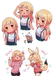Rule 34 | 2girls, :d, aged down, animal ears, arm up, bare arms, bare shoulders, baseball cap, black shorts, blonde hair, blush, braid, closed eyes, duplicate, flower, fox ears, fox girl, fox tail, hand up, hat, head tilt, highres, hololive, index finger raised, long hair, multicolored hair, multiple girls, multiple views, omaru polka, open mouth, overall shorts, overalls, pink shirt, pixel-perfect duplicate, pointy ears, red eyes, red shirt, sasaki (glass1138), shiranui flare, shirt, short shorts, shorts, simple background, sleeveless, sleeveless shirt, smile, squatting, streaked hair, tail, tan, translation request, very long hair, virtual youtuber, white background, white hair, white headwear, white shirt, yellow flower