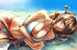 Rule 34 | 1girl, bikini, breasts, brown hair, cleavage, collarbone, day, headgear, highres, kantai collection, kokuzou, large breasts, long hair, looking at viewer, lying, navel, on side, one eye closed, outdoors, partially submerged, ponytail, purple eyes, red sarong, sarong, sidelocks, smile, solo, swimsuit, very long hair, white bikini, yamato (kancolle)