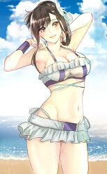 Rule 34 | 1girl, arms up, beach, bikini, bikini skirt, botamotiumai, breasts, brown eyes, cleavage, commentary request, final fantasy, final fantasy vii, final fantasy vii rebirth, final fantasy vii remake, frilled bikini, frills, highres, large breasts, looking at viewer, microskirt, navel, ocean, official alternate costume, official alternate hairstyle, revision, skirt, solo, stomach, swimsuit, tifa lockhart, tifa lockhart (shining spirit), wristband