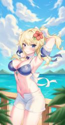 Rule 34 | 1girl, absurdres, armpits, arms up, bad id, bad twitter id, bare shoulders, bikini, bikini top only, blonde hair, blue bikini, blue eyes, blurry, bow, breasts, choker, cleavage, closed mouth, cowboy shot, day, depth of field, detached sleeves, flower, frilled sleeves, frills, genshin impact, hair bow, hair flower, hair ornament, hibiscus, highres, jean (genshin impact), jean (sea breeze dandelion) (genshin impact), large breasts, long hair, looking at viewer, midriff, navel, open fly, ponytail, short shorts, shorts, sidelocks, smile, solo, stomach, string bikini, sunlight, swimsuit, thighs, white choker, white shorts, xiho (xi ho )