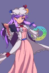 Rule 34 | 1girl, book, commentary, crescent, crescent pin, dress, feet out of frame, grey background, hat, holding, holding book, long hair, mob cap, open mouth, patchouli knowledge, pink dress, pixel art, potemki11, purple eyes, purple hair, sidelocks, simple background, solo, touhou, white hat